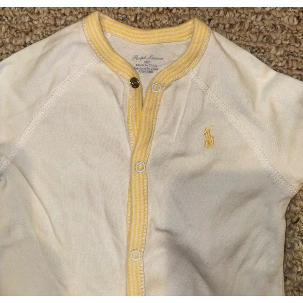 Ralph Lauren Baby White Yellow Striped Trim Footed Romper Sleeper 9M 9 Months